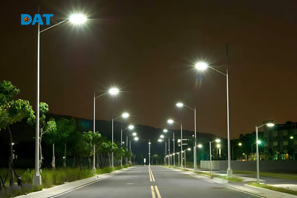 Đèn đường năng lượng mặt trời với chỉ số quang thông 6000 lumen sử dụng trong khu dân cư.
