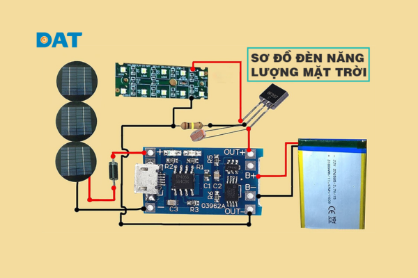 Sơ đồ kiến trúc mạch điện bên trong bo mạch đèn LED năng lượng mặt trời.