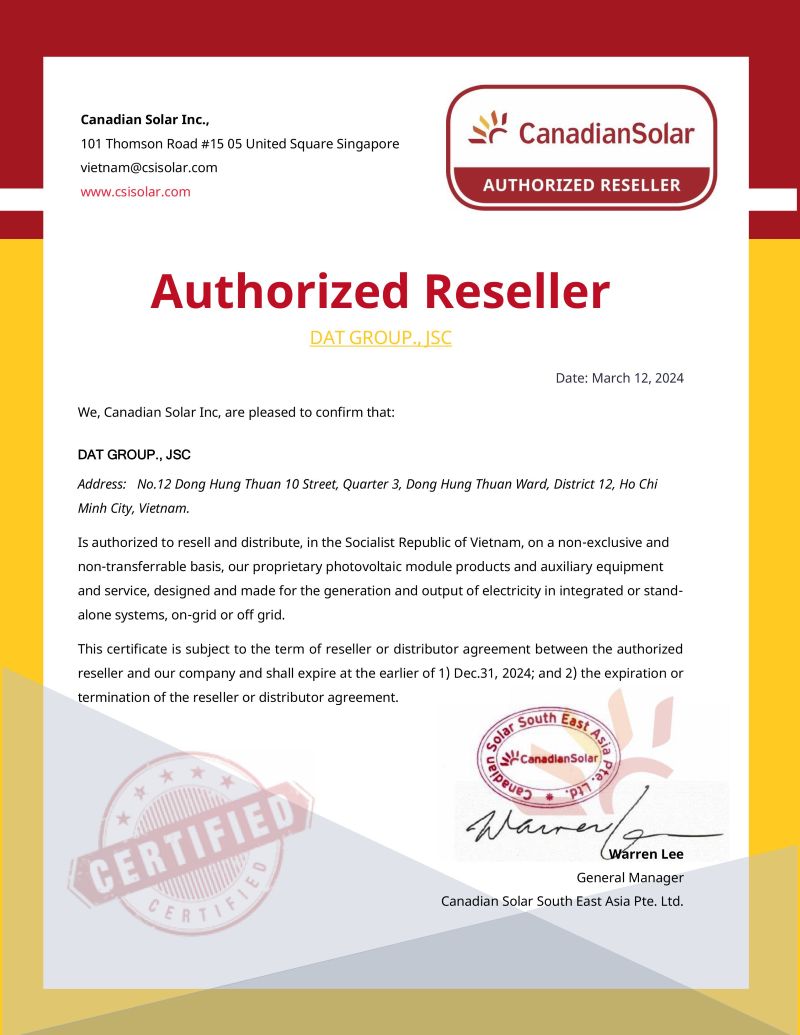 Chứng nhận Canadian Solar - DAT Group