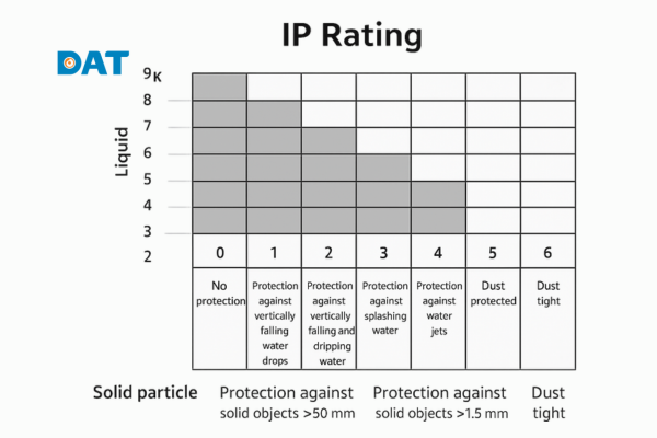 Sơ đồ minh họa các cấp độ bảo vệ bụi và nước trong hệ thống IP rating.