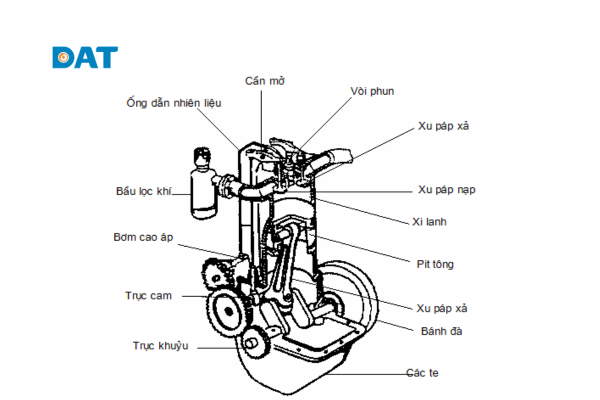 Mô hình 3D cắt lớp chi tiết cấu tạo bên trong của một động cơ diesel 4 kỳ.