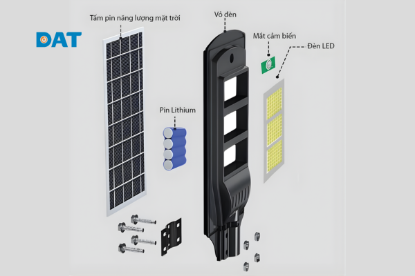 Sơ đồ cấu tạo chi tiết 5 bộ phận của đèn năng lượng mặt trời 10W.