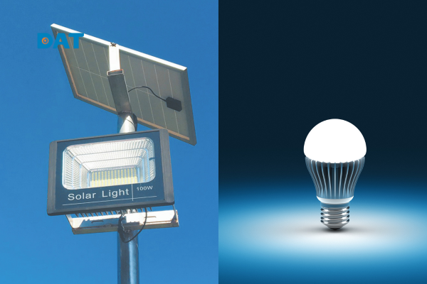 Đèn năng lượng mặt trời và đèn LED – hình so sánh hai công nghệ chiếu sáng hiện đại về hiệu suất, tuổi thọ và khả năng tiết kiệm điện.