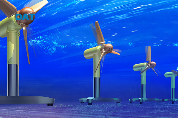 Tuabin dưới nước khai thác năng lượng đại dương, thể hiện khó khăn kỹ thuật và bảo trì trong môi trường biển sâu.