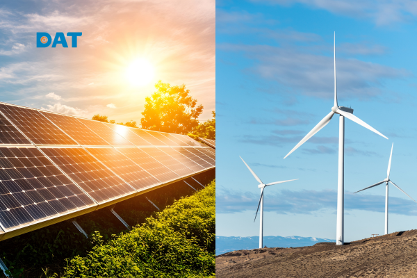 Hệ thống tấm pin năng lượng mặt trời và tua-bin gió minh họa sự khác biệt và tương hỗ với năng lượng địa nhiệt trong cơ cấu năng lượng tái tạo.