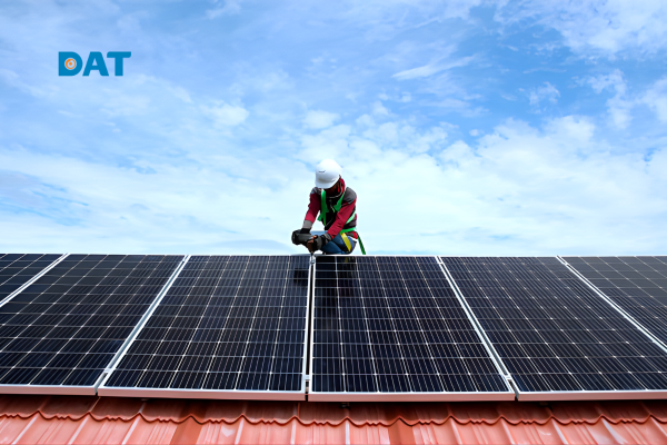 Kỹ thuật viên đang kiểm tra và gia cố đèn năng lượng mặt trời trước mùa mưa bão.