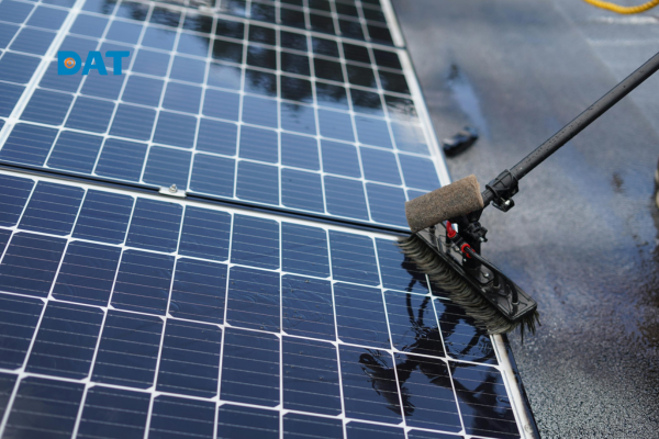 Kỹ thuật viên vệ sinh và bảo trì tấm pin năng lượng mặt trời mùa đông.