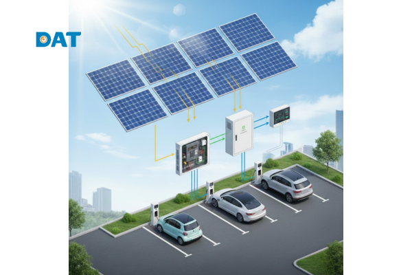 Sơ đồ hệ thống trạm sạc xe điện năng lượng mặt trời tích hợp pin mặt trời và pin lưu trữ.