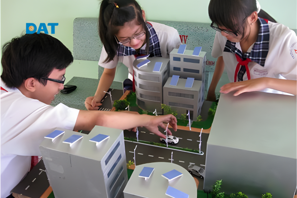 Học sinh tham quan và học tập tại mô hình điện mặt trời cho trường học.