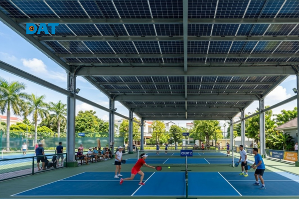 Điện mặt trời sân pickle ball / cầu lông lắp đặt tấm pin PV trên mái sân thể thao.