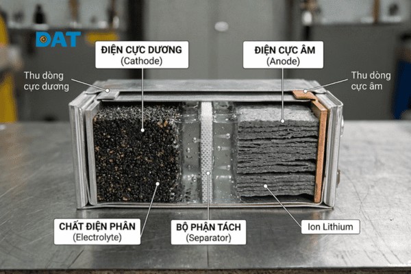 Cấu tạo cơ bản bên trong của một cell pin Lithium-ion – đơn vị lưu trữ năng lượng cốt lõi của mọi hệ thống pin.