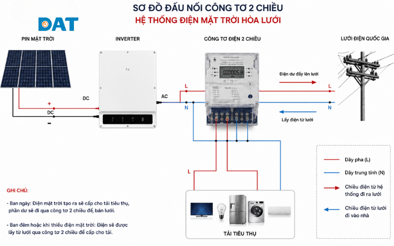 Mô hình hoạt động của công tơ 2 chiều giúp ghi nhận chính xác lượng điện năng trao đổi giữa hệ thống điện mặt trời và lưới điện quốc gia.