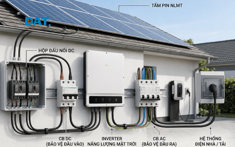 Vị trí lắp đặt chiến lược của CB AC và CB DC để bảo vệ tối ưu cho hệ thống điện mặt trời.