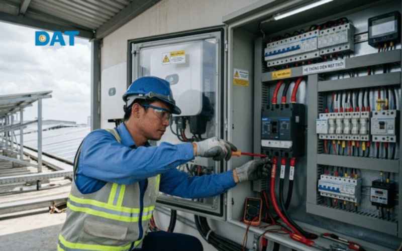 Cận cảnh tủ điện điều khiển trung tâm của hệ thống điện mặt trời, sử dụng bộ đóng cắt MCCB công suất lớn để bảo vệ quá tải và ngắn mạch.