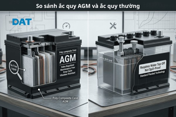 Sự khác biệt về công nghệ lưu trữ: ắc quy AGM có thiết kế kín khí, chống tràn và chịu rung động tốt hơn so với ắc quy axit chì thông thường.
