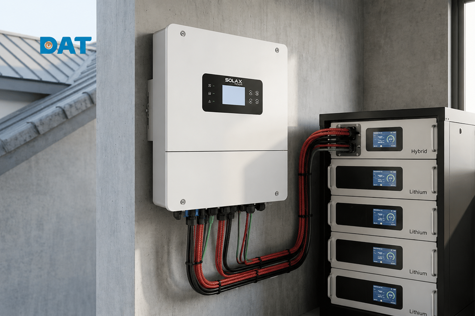 Hệ thống điện mặt trời Hybrid bao gồm biến tần và pin lưu trữ Lithium giúp tối ưu lượng điện sử dụng vào ban đêm và dự phòng khi mất điện.