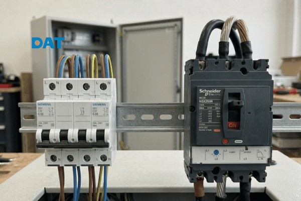 Sự khác biệt về ngoại hình giữa MCB (trái) lắp thanh ray và MCCB (phải) dạng khối đúc.