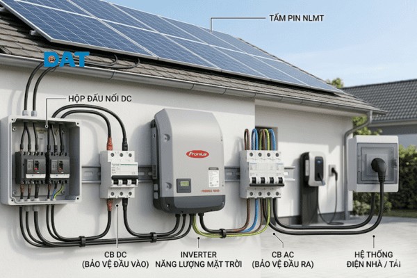 Vị trí lắp đặt chiến lược của CB AC và CB DC để bảo vệ tối ưu cho hệ thống điện mặt trời.