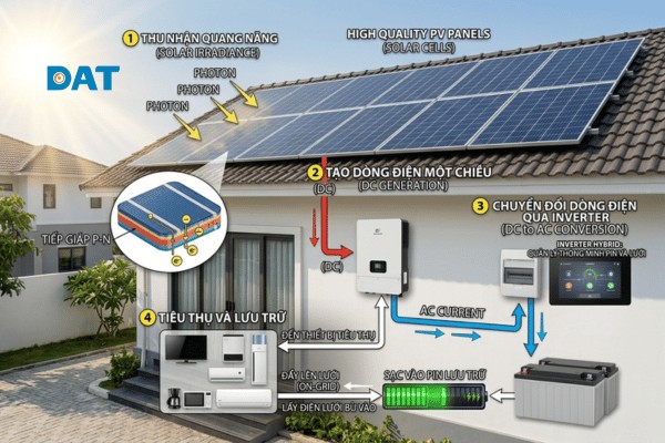 Sơ đồ quy trình khép kín: Từ bức xạ mặt trời đến dòng điện xoay chiều phục vụ sinh hoạt và sản xuất công nghiệp.