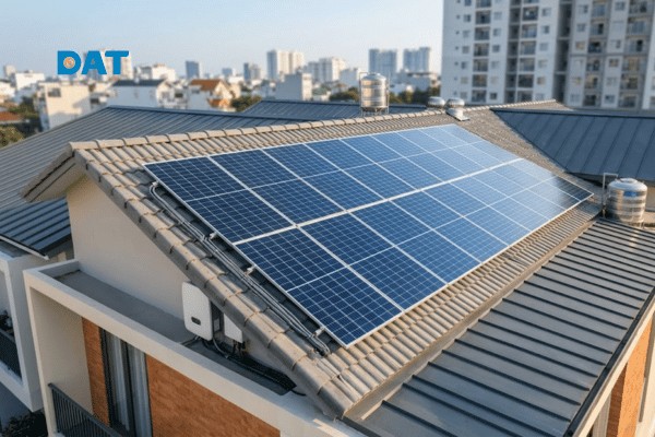 Hệ thống pin mặt trời áp mái hộ gia đình được lắp đặt vuông vức, tối ưu diện tích sàn và đón trọn vẹn ánh nắng mặt trời.