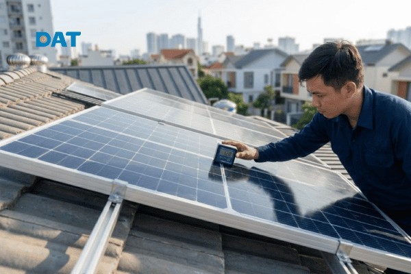 Kiểm tra độ nghiêng tối ưu từ 10 đến 15 độ của hệ thống pin hướng Nam để đảm bảo hiệu suất thu bức xạ cao nhất.