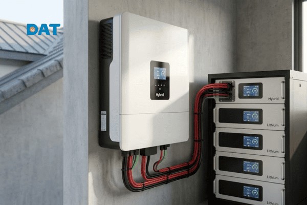 Hệ thống điện mặt trời Hybrid bao gồm biến tần và pin lưu trữ Lithium giúp tối ưu lượng điện sử dụng vào ban đêm và dự phòng khi mất điện.