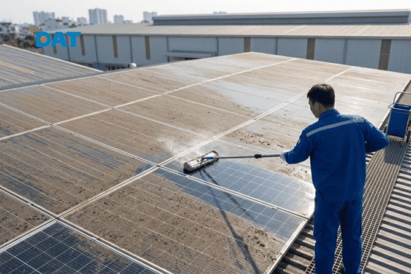 Vệ sinh bề mặt pin mặt trời định kỳ giúp loại bỏ lớp bụi bẩn che khuất tế bào quang điện, khôi phục lại hiệu suất phát điện tối đa.