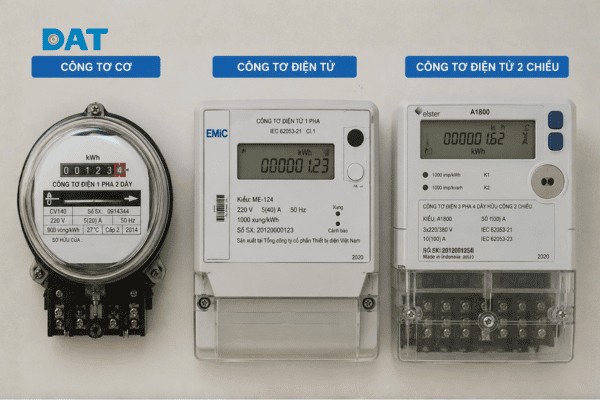 Các dòng công tơ điện phổ biến hiện nay bao gồm công tơ cơ bách đời cũ, công tơ điện tử hiện đại và công tơ 2 chiều dành cho hệ thống điện mặt trời.