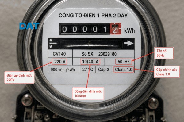 Mặt trước của công tơ điện hiển thị các thông số kỹ thuật quan trọng như điện áp định mức, dòng điện tối đa và cấp chính xác của thiết bị.