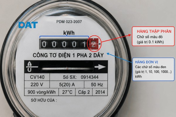 Hướng dẫn đọc chỉ số công tơ điện 1 pha với phần số màu trắng biểu thị kWh nguyên và số màu đỏ cuối cùng biểu thị phần thập phân.