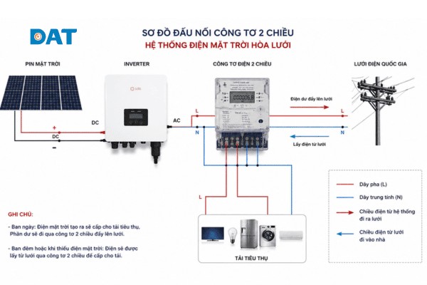 Mô hình hoạt động của công tơ 2 chiều giúp ghi nhận chính xác lượng điện năng trao đổi giữa hệ thống điện mặt trời và lưới điện quốc gia.