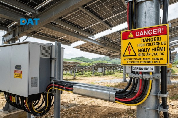 Cảnh báo nguy hiểm: Dòng điện DC điện áp cao từ các chuỗi pin mặt trời có khả năng gây giật và bỏng nặng, cần tuyệt đối tuân thủ quy trình an toàn khi thao tác.