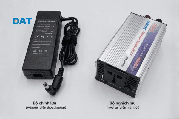 Sự chuyển đổi linh hoạt: Adapter biến AC thành DC cho thiết bị điện tử, trong khi Inverter biến DC từ tấm pin mặt trời thành AC cho gia đình.