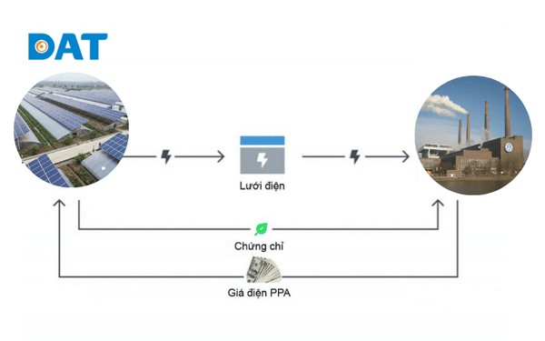 Sơ đồ vận hành Virtual PPA (PPA ảo): luồng điện thực tế và luồng giao dịch tài chính (Hợp đồng chênh lệch - CfD) qua lưới điện quốc gia.