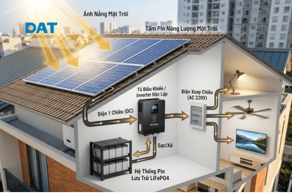 Mô hình vận hành của hệ thống Off-grid: Năng lượng từ dòng bức xạ được chuyển hóa, lưu trữ và tiêu thụ hoàn toàn khép kín trong một mạng lưới độc lập.