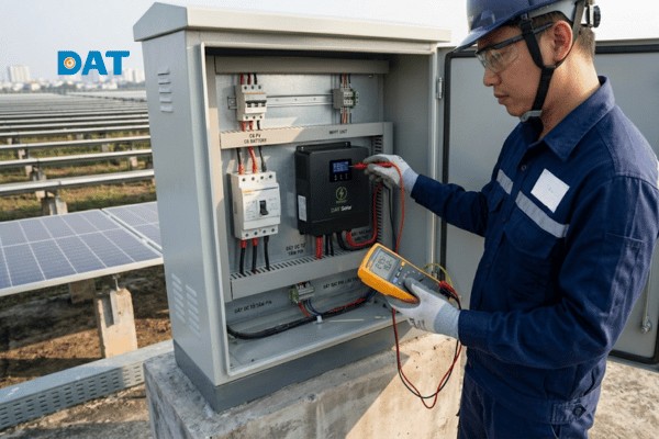 Kỹ sư kỹ thuật kiểm tra định kỳ các thông số dòng nạp tại bộ điều khiển sạc để đảm bảo hệ thống lưu trữ không bị sạc quá mức hoặc quá xả.