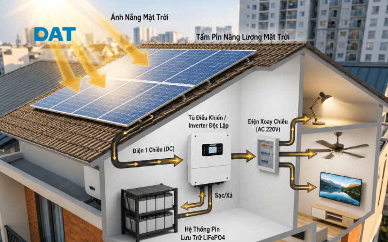 Mô hình vận hành của hệ thống Off-grid: Năng lượng từ dòng bức xạ được chuyển hóa, lưu trữ và tiêu thụ hoàn toàn khép kín trong một mạng lưới độc lập.