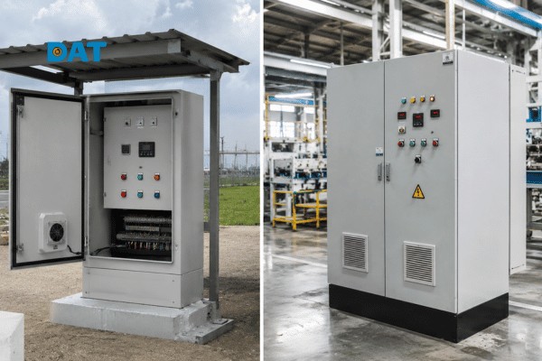 Hệ thống tủ điện điều khiển ngoài trời được trang bị vỏ tủ đạt chuẩn IP55 phối hợp cùng mái che để tối ưu độ bền.