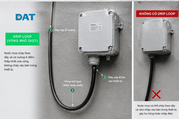 Kỹ thuật uốn dây kiểu Drip Loop giúp ngăn nước mưa chảy ngược dọc theo dây cáp chui vào bên trong thiết bị.