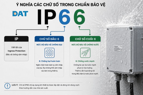 Giải mã ý nghĩa các ký tự trong chuẩn IP66: Số 6 đầu tiên đại diện cho khả năng chống bụi và số 6 thứ hai là mức độ chống nước.