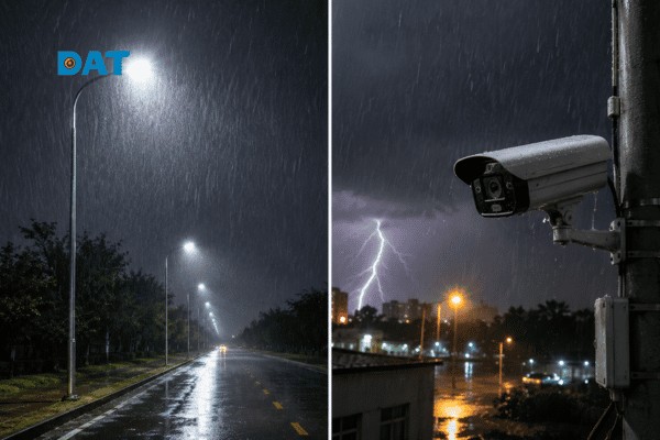 Hệ thống đèn chiếu sáng và camera đạt chuẩn IP66 vận hành ổn định dưới điều kiện thời tiết mưa bão khắc nghiệt mà không bị đọng hơi nước.
