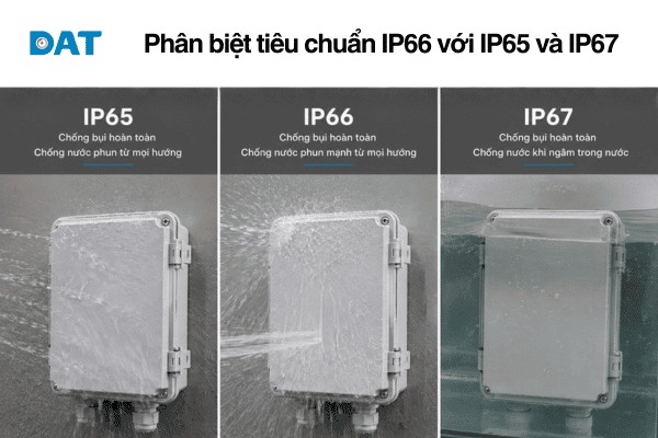 Sự khác biệt giữa các cấp độ bảo vệ: IP66 tập trung vào khả năng chịu động năng từ tia nước mạnh, trong khi IP67 bảo vệ thiết bị khi bị ngập nước hoàn toàn.