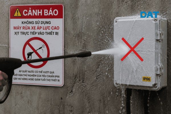 Cảnh báo không sử dụng máy rửa xe áp lực cao trực tiếp lên thiết bị IP66 do áp suất vượt quá giới hạn thử nghiệm của tiêu chuẩn.