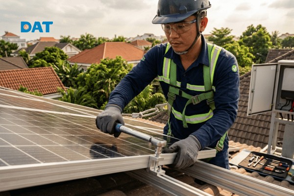 Công tác kiểm tra và bảo trì hệ thống điện mặt trời mái nhà nhằm đảm bảo khả năng chịu tải gió và ngăn ngừa sự cố rò rỉ điện trong mùa mưa bão.