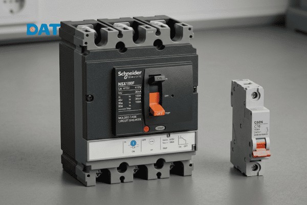 Hình ảnh thực tế của MCCB với thiết kế dạng khối rắn chắc, kích thước lớn hơn hẳn so với dòng MCB thông thường.