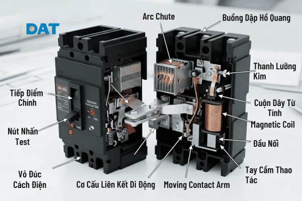 Cấu trúc bên trong của MCCB bao gồm hệ thống tiếp điểm, buồng dập hồ quang và các bộ phận bảo vệ nhiệt - từ được sắp xếp gọn gàng trong vỏ nhựa đúc cách điện.