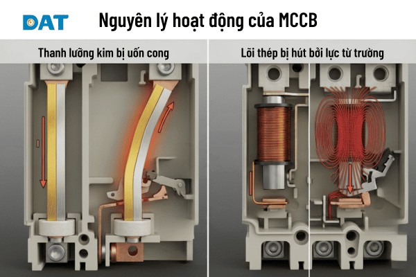 Nguyên lý tác động của rơ le nhiệt (trái) khi quá tải và rơ le từ (phải) khi xảy ra sự cố ngắn mạch tức thời.