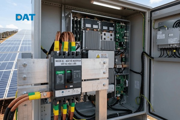 Cận cảnh bộ đóng cắt MCCB công suất lớn (400A) trong tủ AC của một hệ thống điện mặt trời Farm.