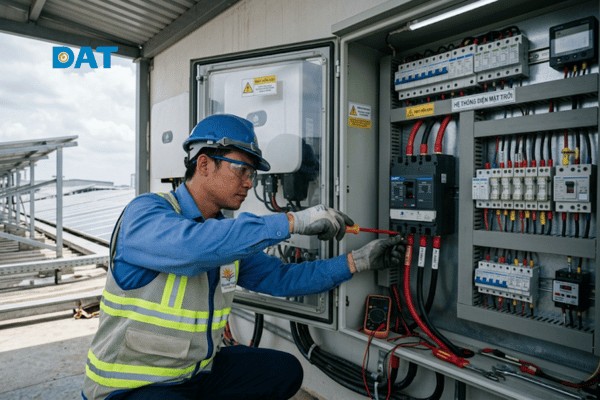 Cận cảnh tủ điện điều khiển trung tâm của hệ thống điện mặt trời, sử dụng bộ đóng cắt MCCB công suất lớn để bảo vệ quá tải và ngắn mạch.