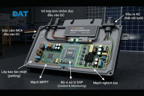 Cấu tạo bên trong và các thành phần linh kiện cốt lõi của một thiết bị Micro Inverter đạt tiêu chuẩn chống nước IP67/IP68.